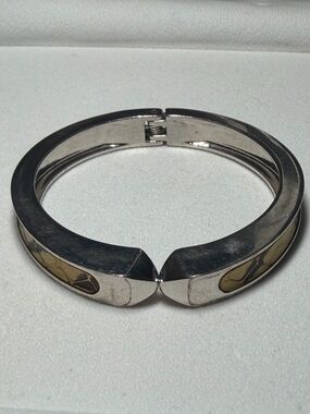 Stella & Dot Emerson Snakeskin Leather Inlay Hinged Bangle Bracelet Silver Tone